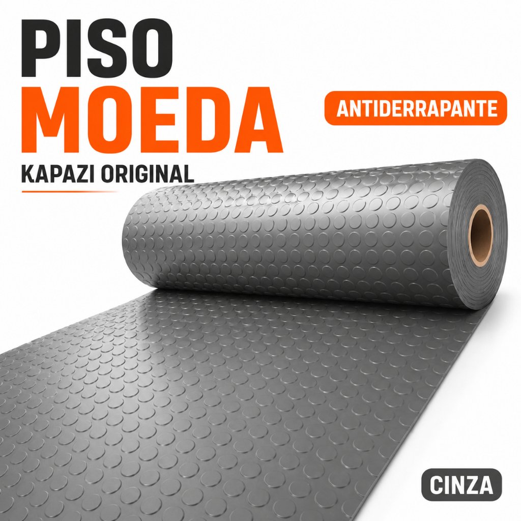 Tapete Piso Moeda Kapazi Cinza Antiderrapante Resistente PVC Garagem Oficina Academia