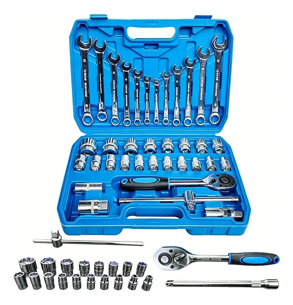 Kit Jogo Ferramentas 37 Pçs Soquete Combinada Catraca 8-32mm Azul-aço