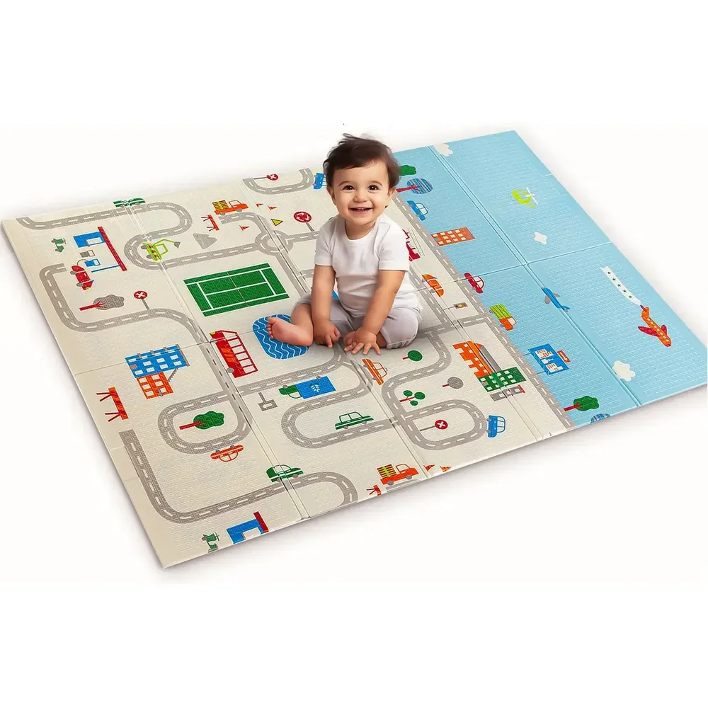 Tapete Infantil Emborrachado Sensorial Dobrável Dupla Face Educativo Cidade I Love Baby Azul