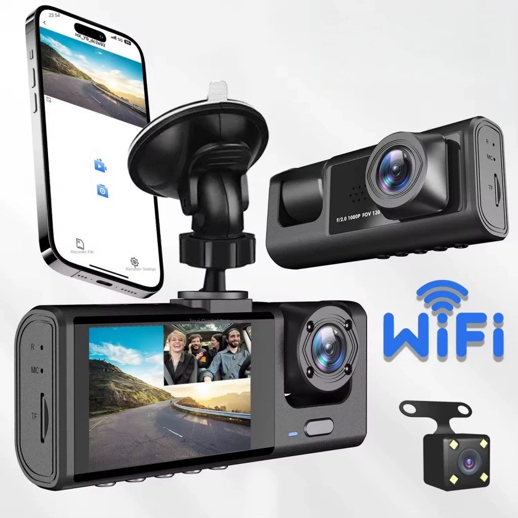 Câmera Veicular Full HD 1080p 3 Lentes (Frontal + Interna + Traseira) com Tela LCD | DVR Automotivo com Visão Noturna
