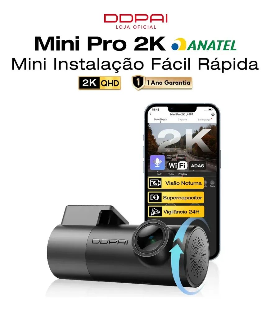 Ddpai Câmera Veicular Mini Pro 2K 1440p Dashcam com Wi-Fi e App Controle, Câmera Para Carro com Ângulo de 140° e Visão Noturna 2.0, Lente Rotativa 360°, Supercapacitor e Gravação em Loops para Carro