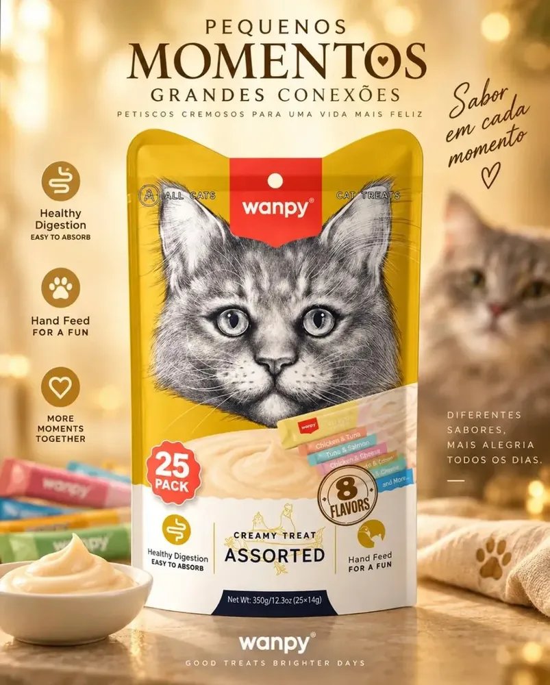 Petisco Gatos Wanpy Truly Creamy Sabores Variados Com 25un