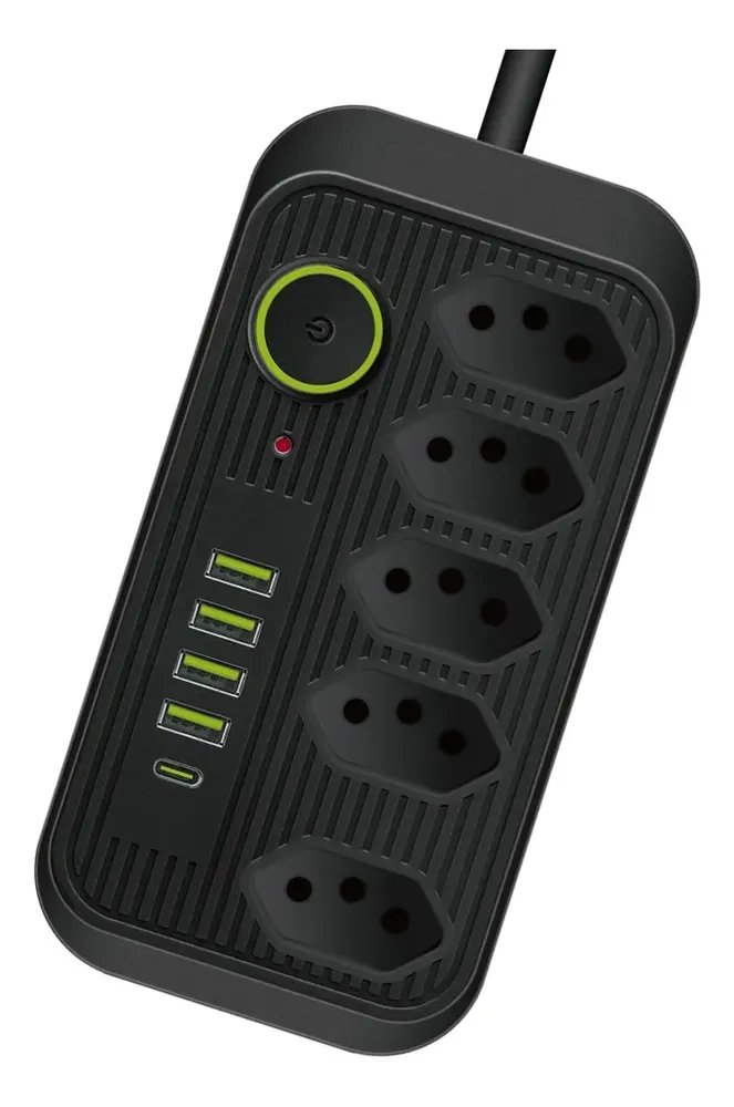 Extensão 5 Tomadas E  1 Pd 4 Usb Led Bivolt Power 127v/220v Preto. 127/220v