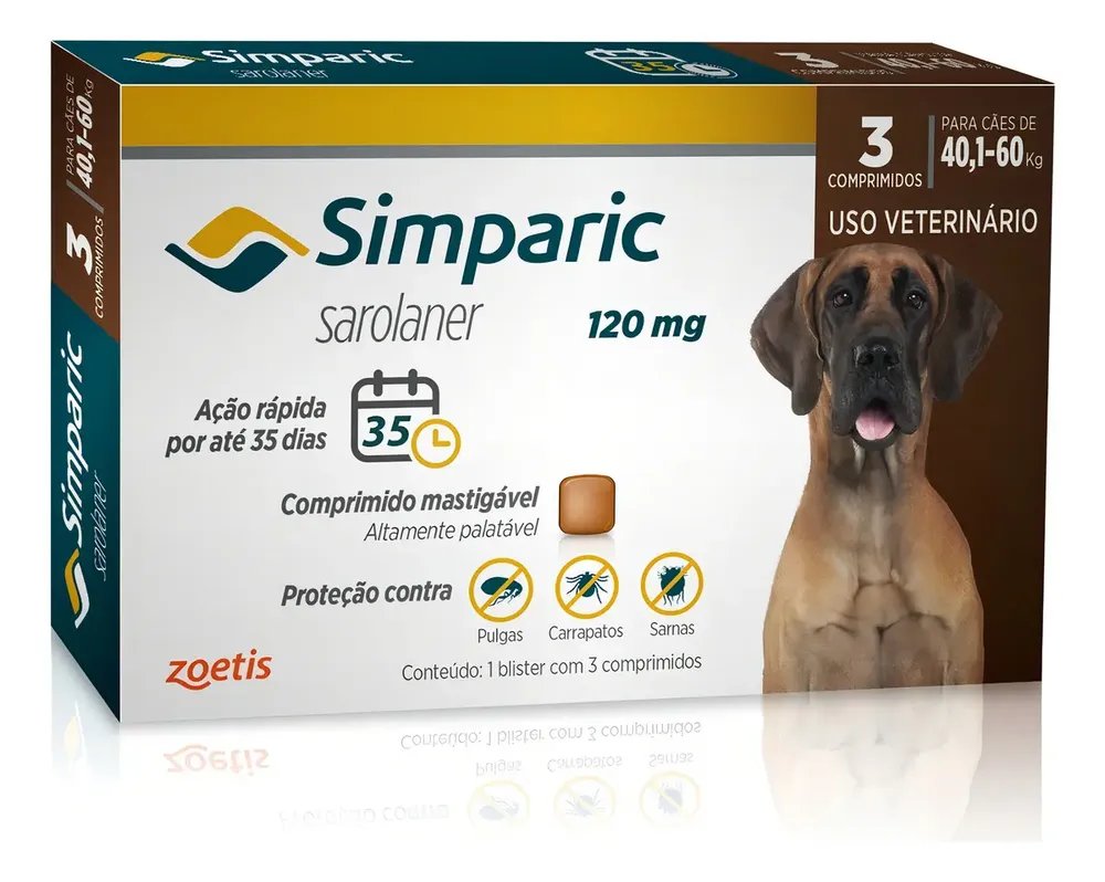 Antipulgas Simparic zoetis 40 a 60kg Cães 120mg 3 comprimidos