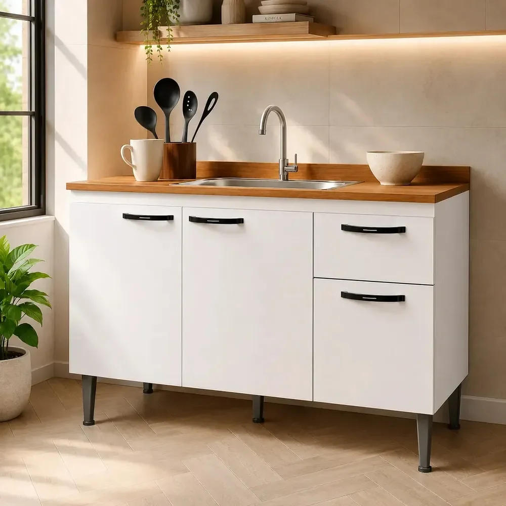 Gabinete de Pia 1,20 Balcão de Cozinha Multiuso 3 Portas Armário de Pia Armário de Cozinha 120x80x52cm Organizador para Pia Cor Branco Ideal para cozinha compacta e área de serviço Porta Panela Branco
