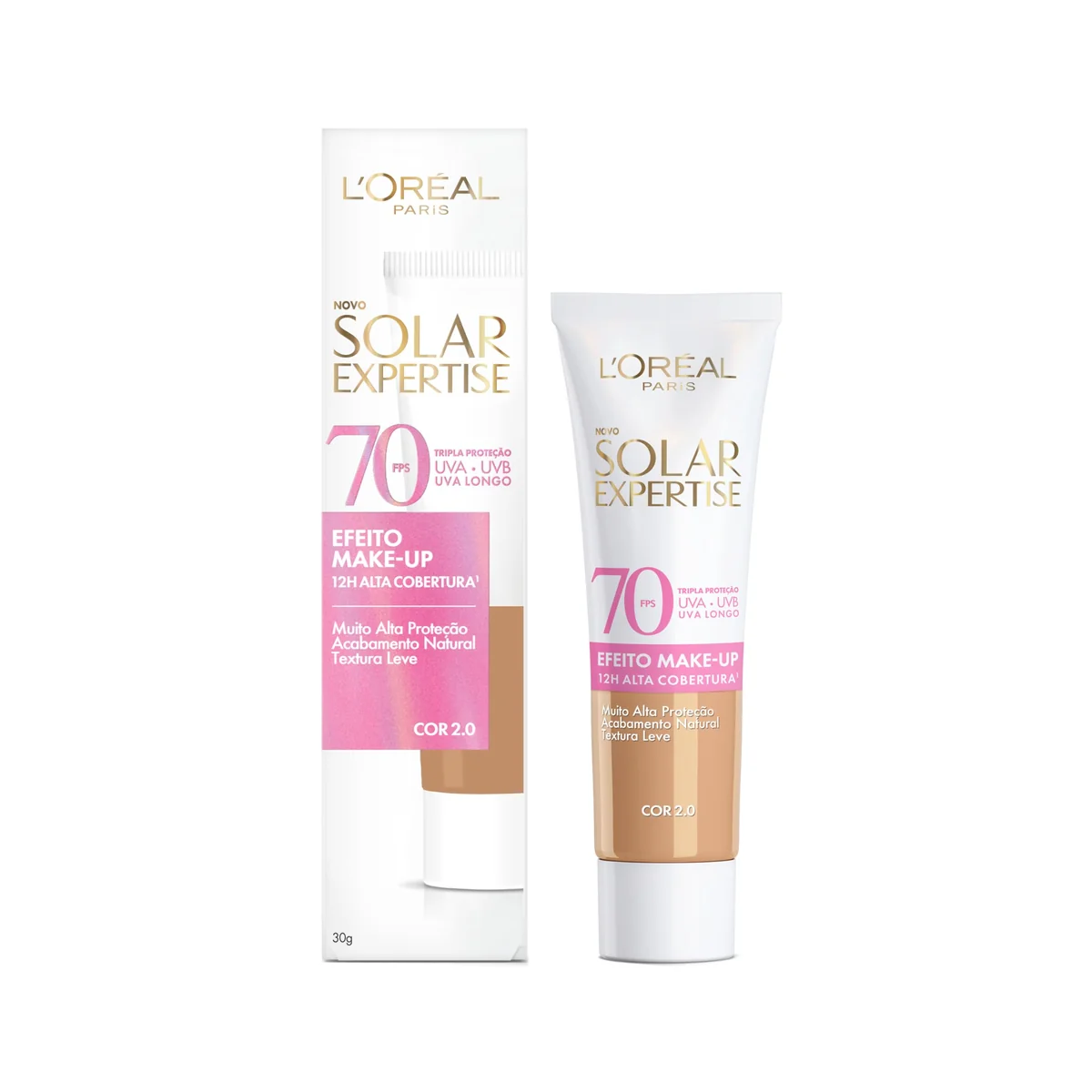 L'Oréal Paris Solar Expertise Efeito Makeup FPS 70, Protetor Solar Facial com Cor e Alta Cobertura de Base por 12H, Previne Rugas e Manchas, Cor 2.0, 40g
