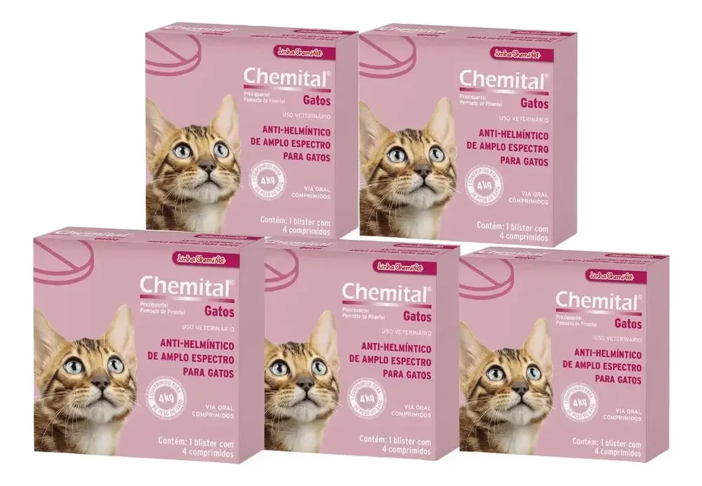 Kit 05 Vermífugo Chemital Chemitec Para Gatos Com 4 Comp