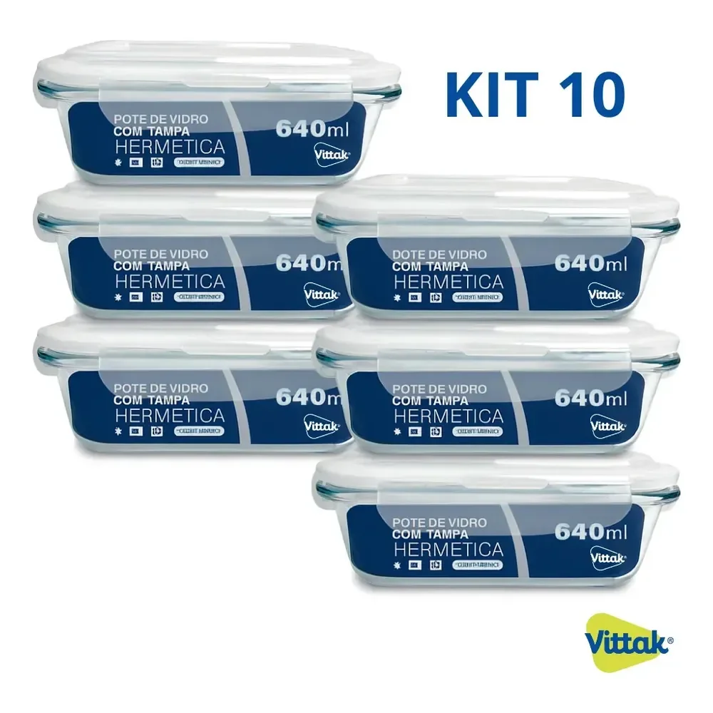 Vittak Kit 10 Potes Vidro Hermético Com 4 Travas Marmita Microondas Freezer Transparente 640ml