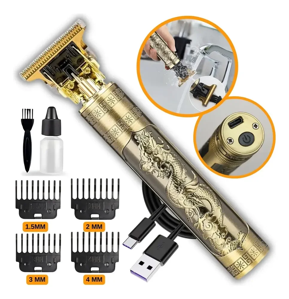 Máquina De Cortar Marca Kamufla Cabelo Sem Fio Barbeador Eletrico Aparador De Pelos Acabamento Motor Profissional 4 Pentes Recarregavel Usb Tipo C Dourada