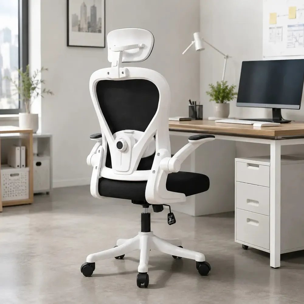 Cadeira De Escritório Tecido Malha Com Suporte Lombar Regulável Branco