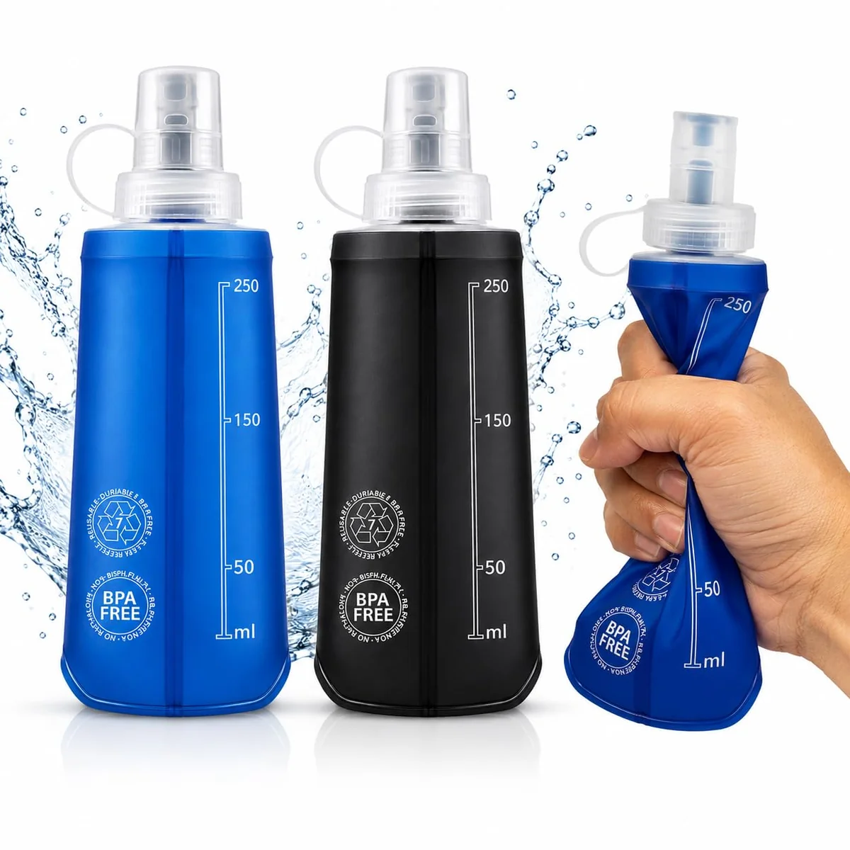 Garrafa Dobrável Soft Flask 250ml BPA Free Antivazamento para Corrida Ciclismo Academia Caminhada Trilha Garrafa Flexível Portátil Compacta Esportiva com Tampa Protetora Hidratação