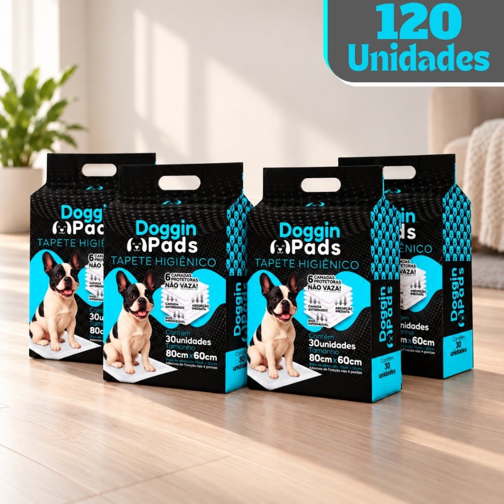 Kit 4 Tapete Higiênico para Cachorro Doggin Pads 80 x 60 cm - 120 Unidades
