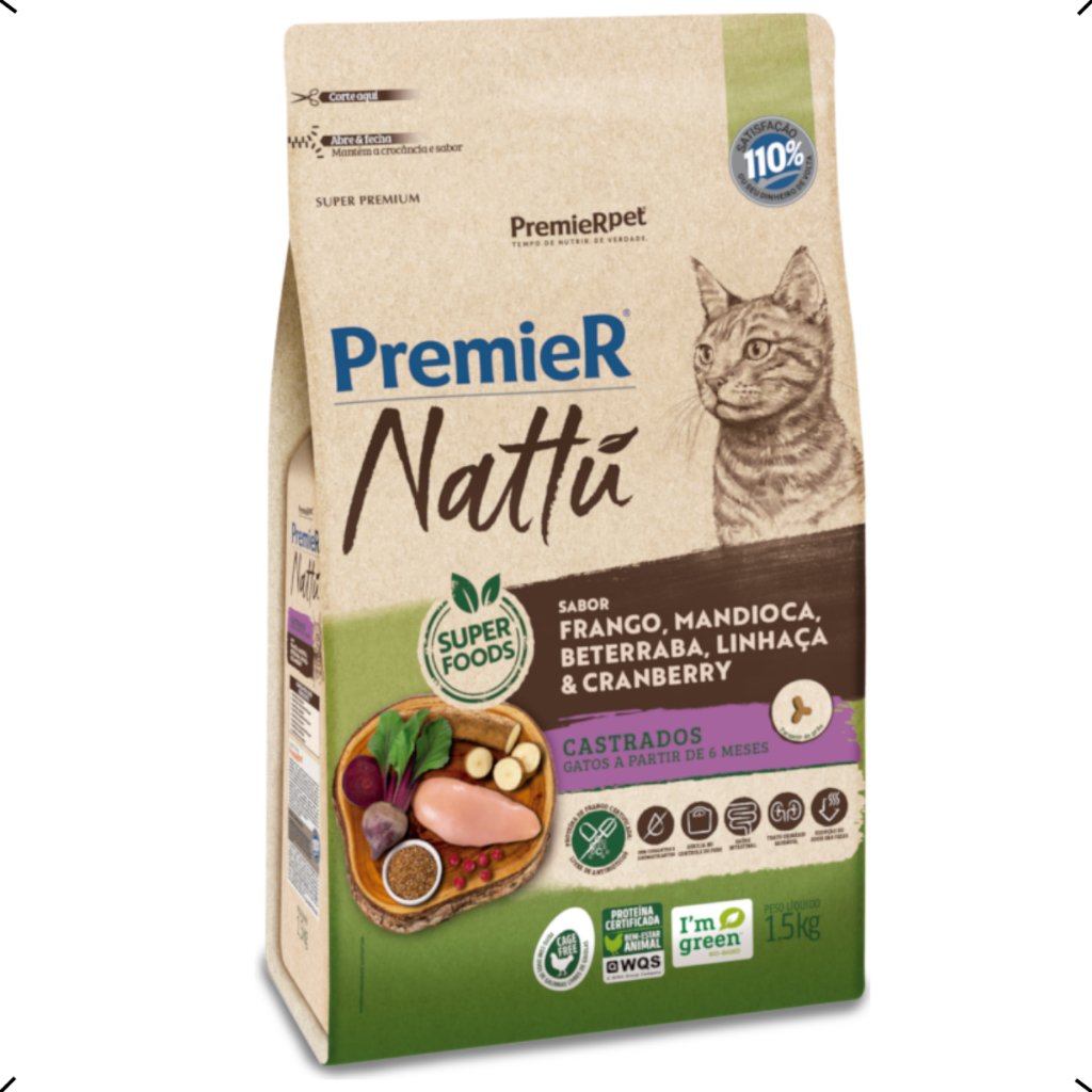 RAÇÃO PREMIER NATTU GATO CASTRADO MANDIOCA 7,5KG