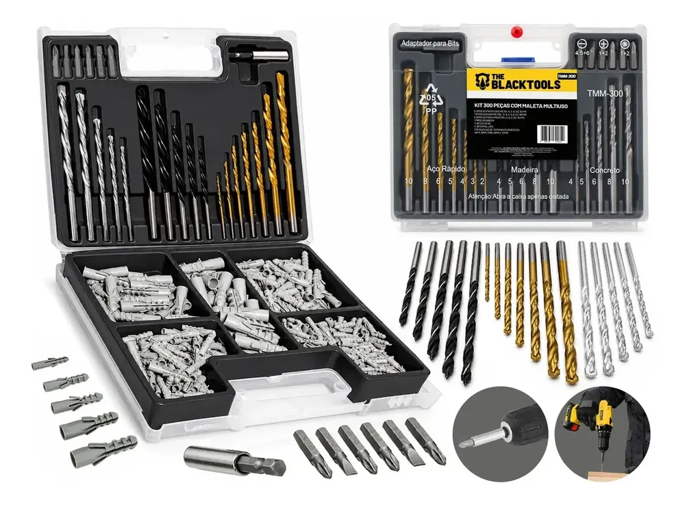 Kit Jogo De Ferramentas Multiuso 300 Peças Com Maleta Brocas Bits e Buchas TMM300 - The Black Tools