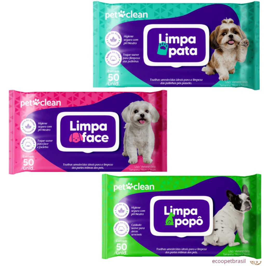 Toalha Lenço Umedecido Cachorro Cães e Gatos 50un Limpa Pata, Popô, Face Higiene pH Neutro Pet Clean