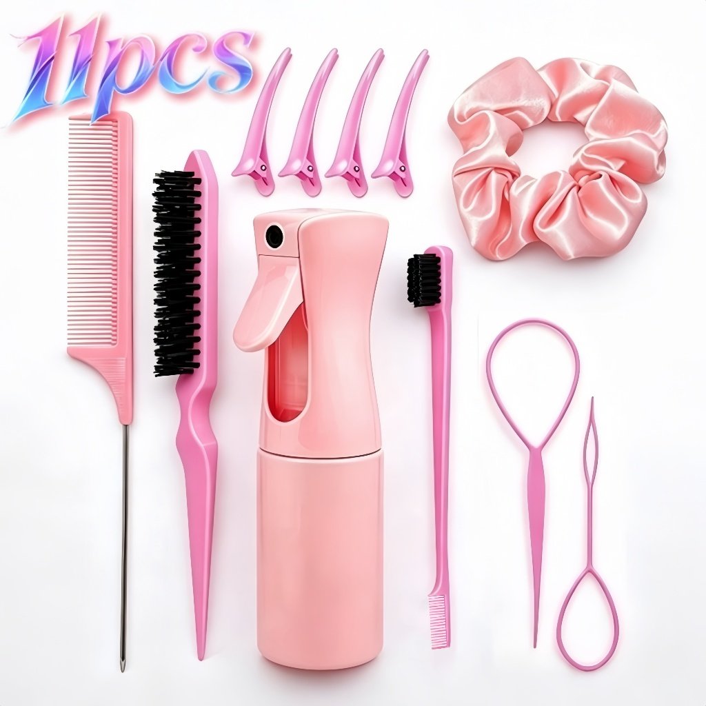 Kit 11 Peças Ferramentas para Cabelo: Pente Rabo de Rato, Borrifador, Ferramenta para Trança, Clipes Bico de Pato e Scru