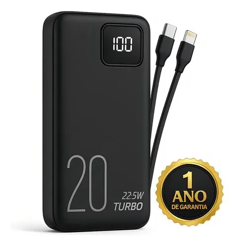 Carregador Portátil Power Bank Turbo 20000mah Universal Para iPhone Samsung Motorlola Xiaomi 20w Com Display Digital Dtimp Preto