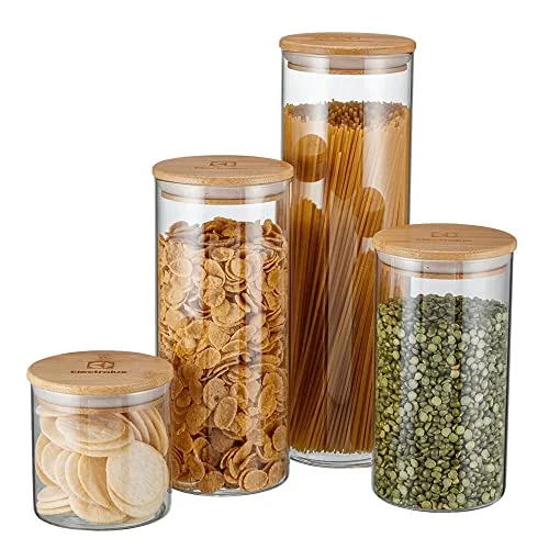Electrolux Kit 4 Potes de Vidro Herméticos Porta-Mantimentos com Tampa de Bambu, Tampa Vedação de Silicone, Organizadores de Cozinha e Despensa, Transparente, Porta Alimentos, Grãos e Cereais