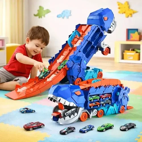 Brinquedo Caminhão Dinossauro Cegonha Devorador Transporte Pista Carrinhos Dino Infantil Veículo Lançador Maleta... Azul