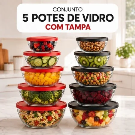 Conjunto 5 Potes Mantimentos de Vidro Com Tampa Vasilha Bowl Tigela Geladeira