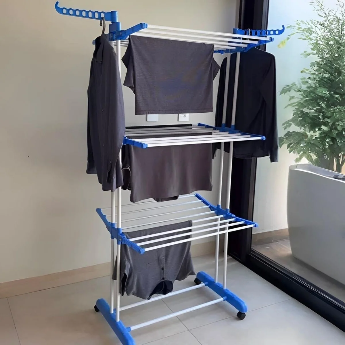 Varal De Chão Epsilon Grande Dobrável Com 4 Rodas Para Roupas, Azul