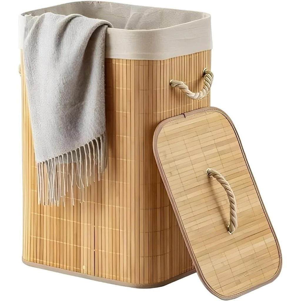 Cesto De Roupa Suja Bambu Dobravel Organizador Forrado Banheiro 60cm Grande Cesto Retangular Shopee