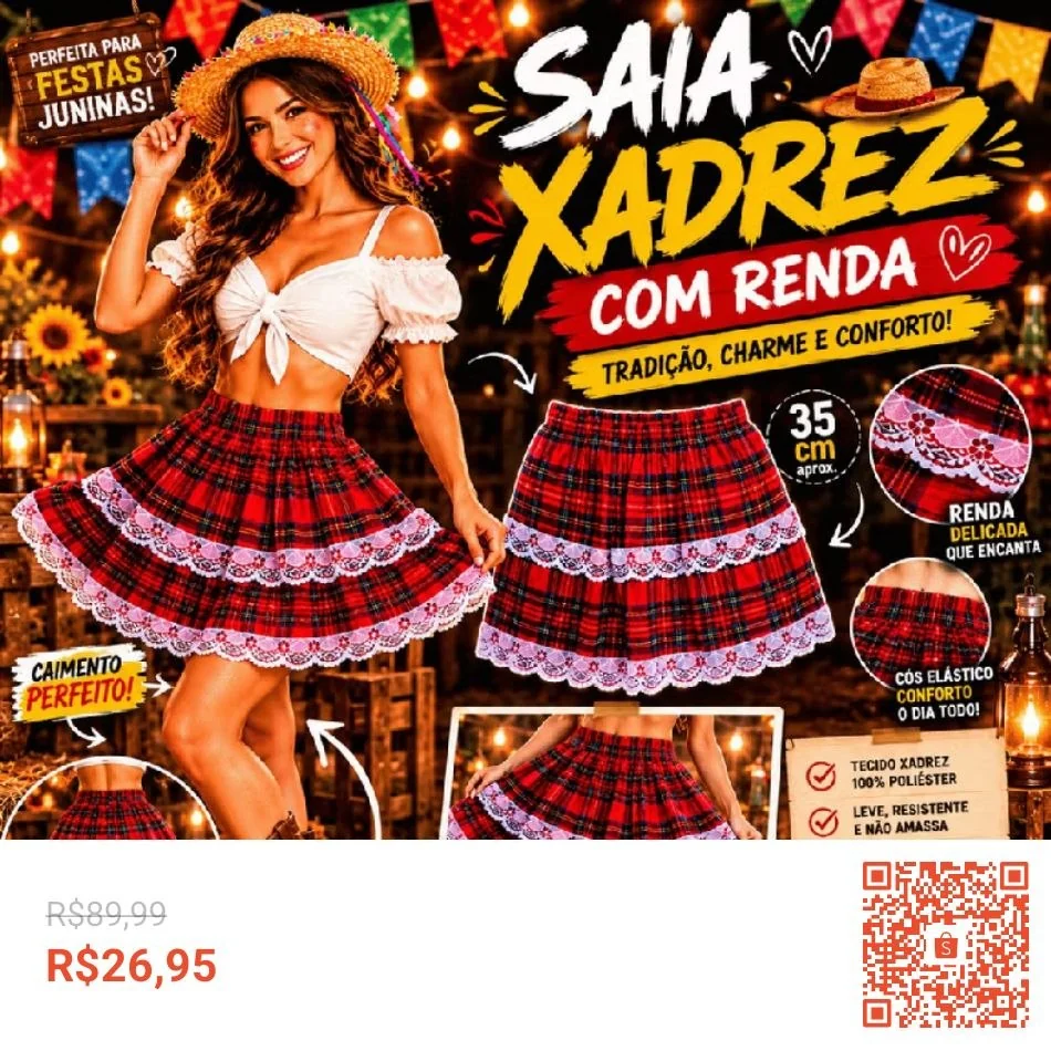 Saia Festa Junina Feminina Xadrez Fantasia Caipira Quadrilha São João