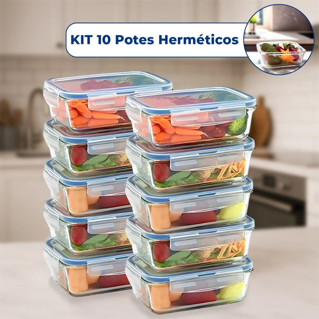 Kit 10 OU 5 Pote de Vidro Hermético Retangular 4 Travas Marmita Fit Microondas Mantimentos Shopee