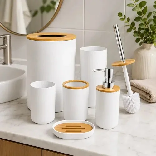Kit Banheiro 6 Peças Clink Branco Bambu Com Lixeira E Porta Escova