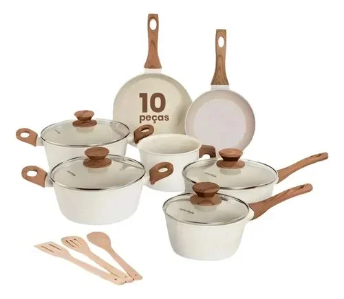 Jogo De Panelas Indução Gourmet Antiaderente Cerâmica Premium Mármol 10 Peças Mimo Style Mármore