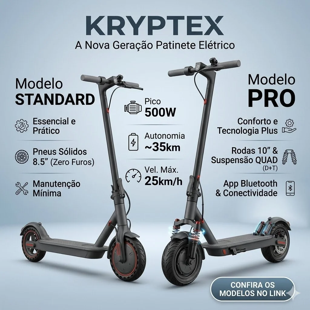 KRYPTEX Patinete Elétrico 500W 10" Pneu Cheio Duplo Amortecedor 35km App Bluetooth Dobrável