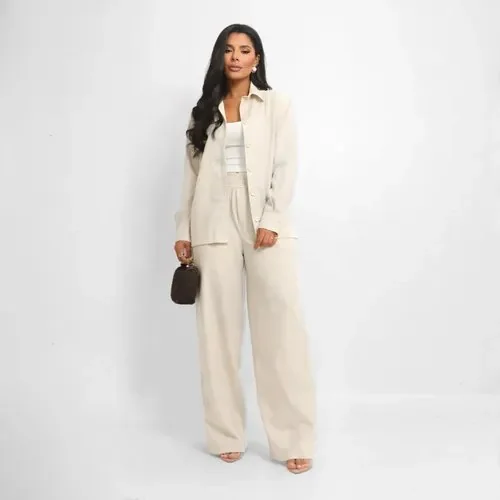 Conjunto Feminino Linho Calça E Camisa Manga Botões