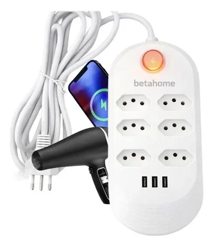 Extensão Elétrica 6 Tomadas Bivolt 3 Usb 2500w Régua Filtro De Linha 2 Metros Branco Cabo 2m 5 Mm Led Botão Power 10a 127/220v Energia Elétrico Padrão Brasileiro Profissional Protetor Gamer