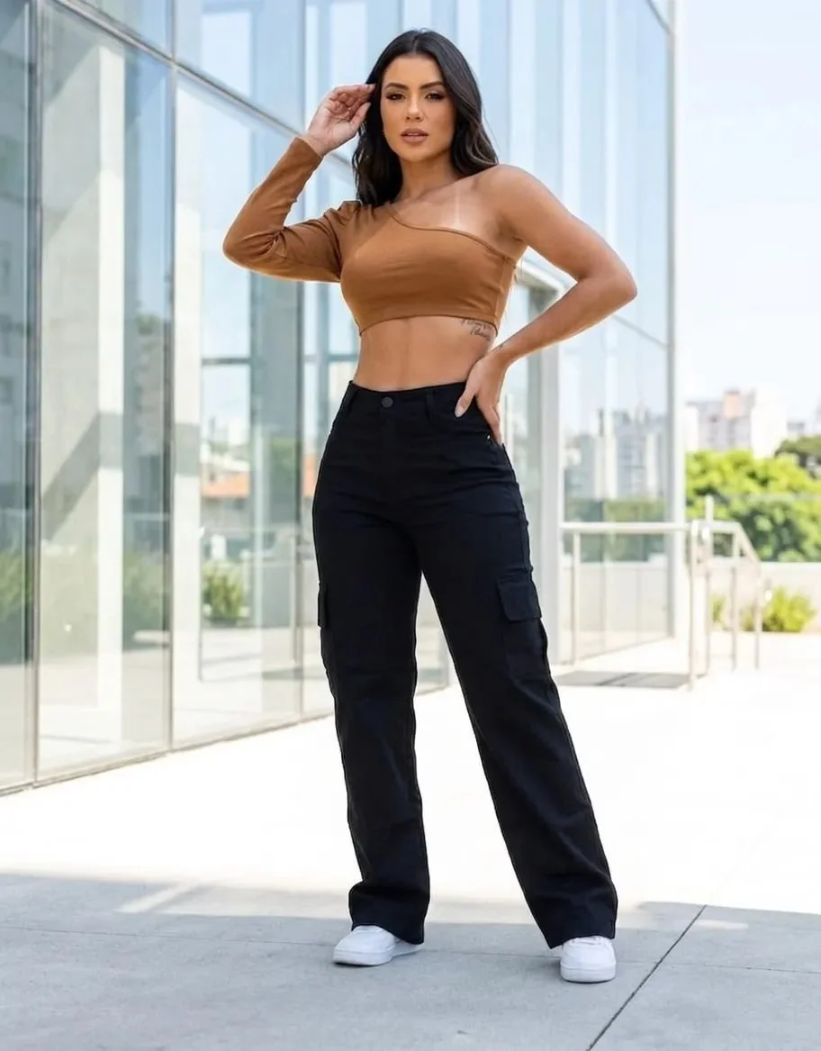 Calça Cargo Feminina Wide Leg Cintura Alta Jeans Stillger Mercado Livre