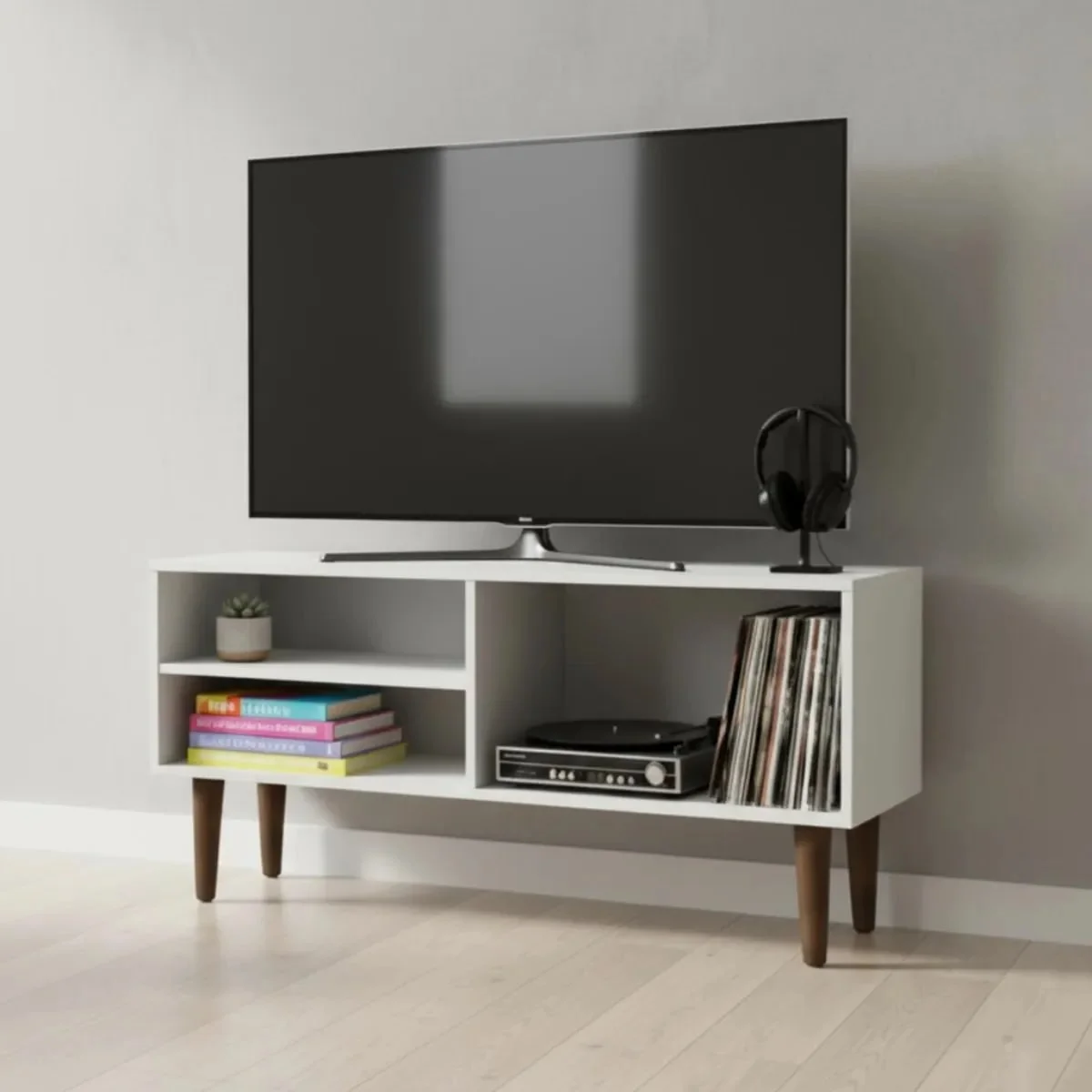 Rack Prateleira Bancada Sala Tv Pé Retro 90cm Aparador Apoio Tv Até 50 Polegadas Pequeno Sala Quarto Canto Compacto... Branco