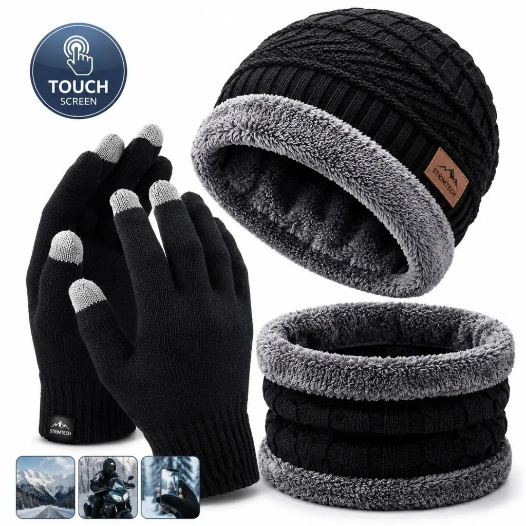 🚀 Kit Inverno Touca Forrada + Luva Touch Screen + Cachecol Gola Quente Unissex Frio Masculino Feminino