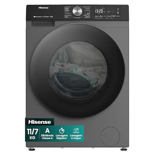 Hisense Lava e Seca, 11kg Lavagem/7kg Secagem, Wi-Fi, Steam, 13 Programas, Motor Inverter, Painel Touch, Titanium WD3S11-127V