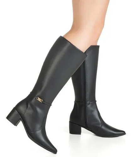 Bota Feminina Gigil Cano Alto Salto Bloco Detalhe Metalizado