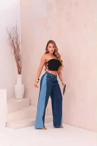 Calça Jeans Wide Leg Feminina Cintura Alta Sem Lycra Azul Liso 38