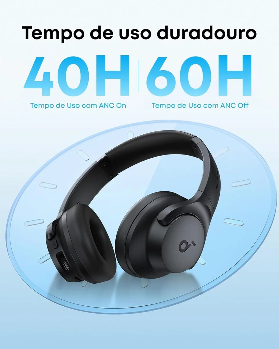 soundcore Q20i da Anker, Fone de Ouvido Bluetooth com Cancelamento de Ruído Híbrido Ativo, Headphone Sem Fio, 60h Bateria, Áudio Hi-Res, Graves Potentes, App Personalização, Modo Transparência, Preto
