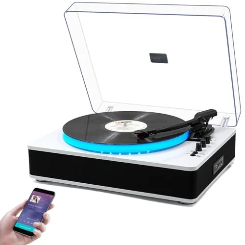 VEDO Toca-Discos Bluetooth, Luzes LED Controláveis ​​7 Cor, Bt 5.0, Toca-Discos De 3 Velocidades (33/45/78 RPM), Com 3D Alto-Falantes Estéreo Integrados, Madeira Design de Moda, Escolha Amantes Música