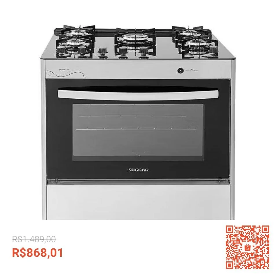 Fogão Suggar Neo Glass 5 Queimadores Inox FGVNG510PRIX Bivolt