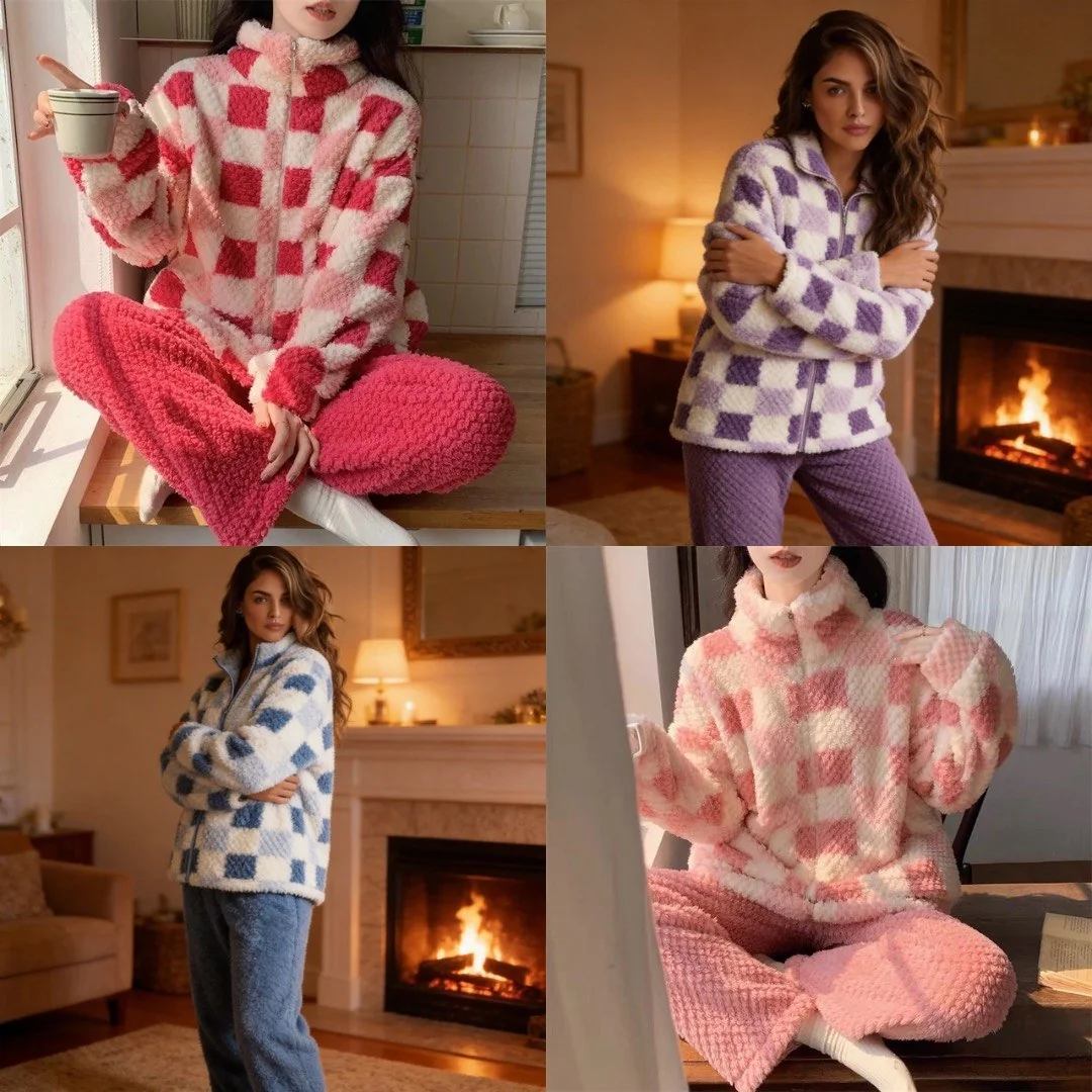 Conjunto Feminino Pijama Xadrez Algodão Inverno Blusa Zíper Gola Alta Calça Conforto Dia A Dia
