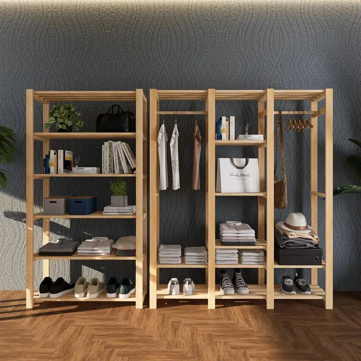 Kit Cabideiro Arara Sapateira E Estante Roupas Madeira Pinus