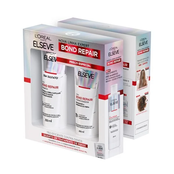 L'Oréal Paris Elseve Bond Repair Kit Reparação Molecular com Ácido Cítrico para Cabelos Danificados, Reconstrói Ligações e Devolve Força (Shampoo + Condicionador + Sachê Pré-Shampoo)