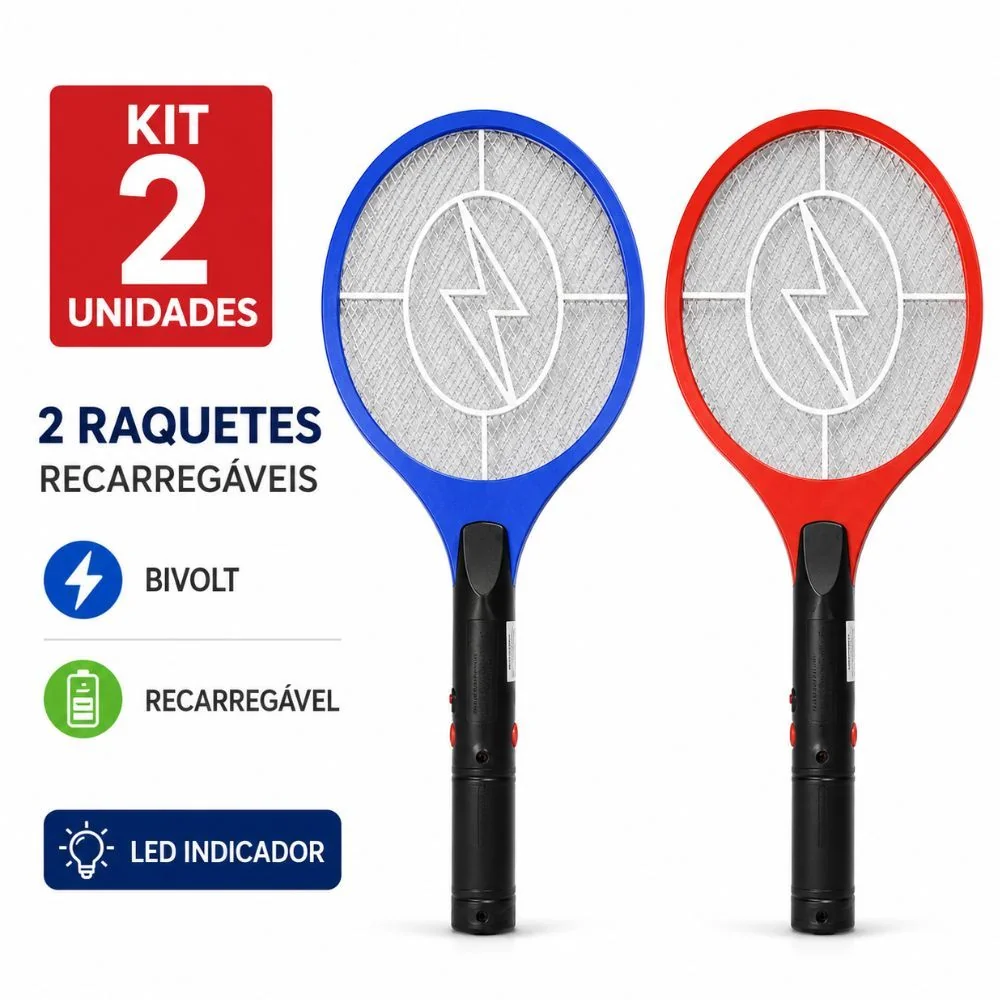 Kit 2 Raquete Elétrica Mata Mosquito Pernilongo Mosca Recarregável Bivolt Shopee
