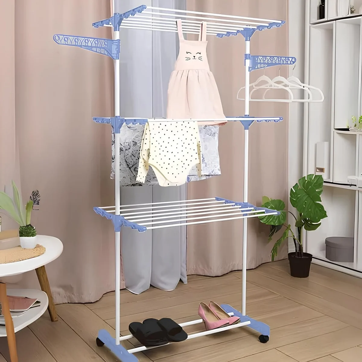 Varal De Chão 3 Andares Dobrável Retrátil Aço Com 4 Rodas Azul Resistente Multiuso Grande Para Roupas Vertical Compacto Fácil Montagem Alta Capacidade Secagem Prático Ems Click