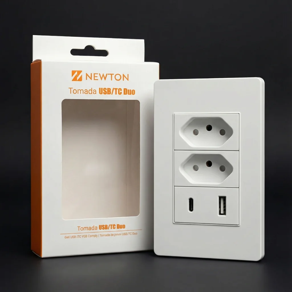 Tomada Dupla de Parede com USB e USB-C Tipo C Tripolar 3 Pinos Bivolt Carregamento Rápido Cor Branco Shopee