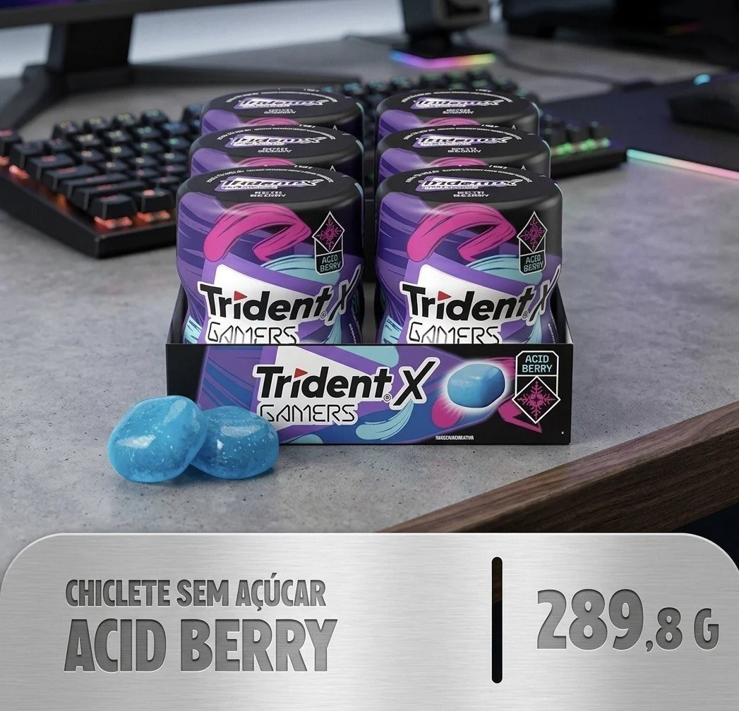 Chiclete Trident X Gamers Acid Berry - Caixa Com 6 Unid De 48,3g