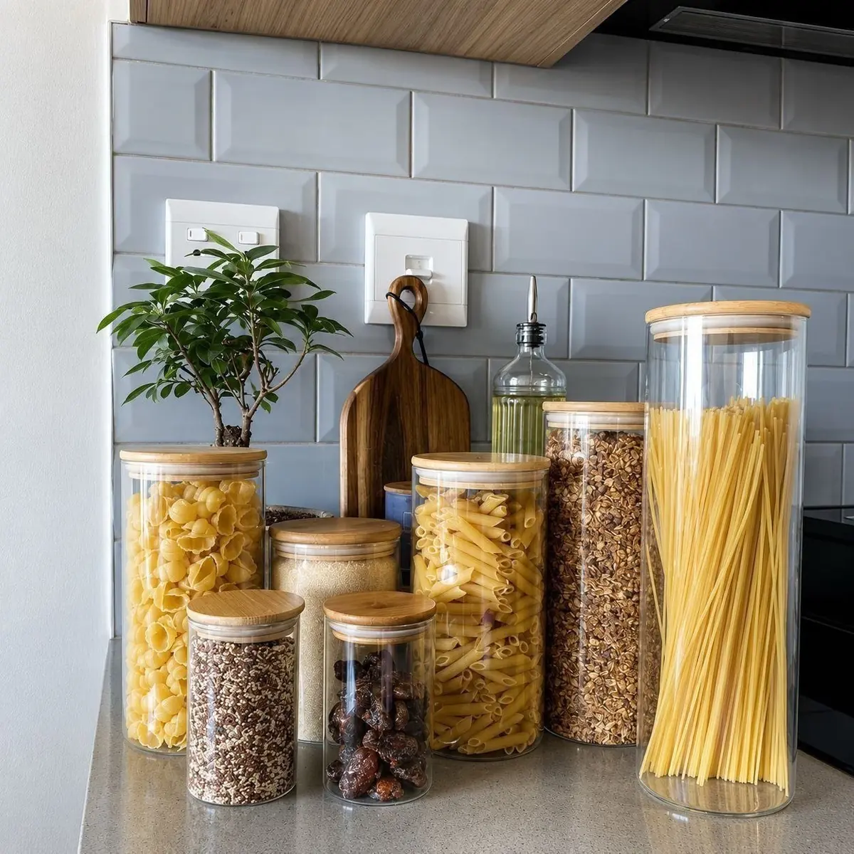 Kit 10 Potes Herméticos Vidro Tampa Bambu Seiri Para Mantimentos Cozinha Transparente